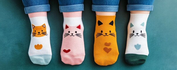 Close-up of rainbow socks on feet, lying on a fluffy rug, colorful National Sock Day vibes.