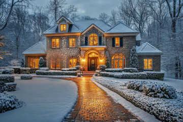 Beautiful home with brick pathway covered in snow during snowfall. House in suburban neighborhood at winter season