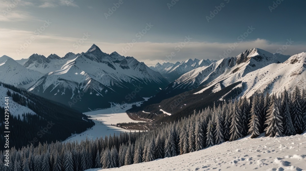 Poster a panoramic view of a snow-covered mountain range with a valley and a frozen lake in the distance. t