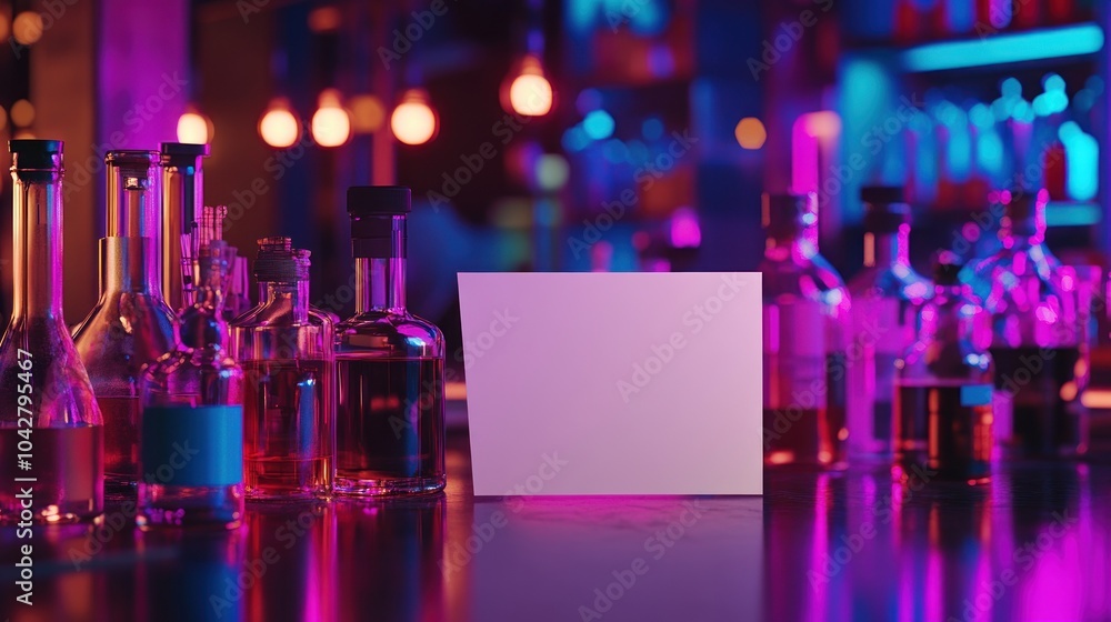 Poster a vibrant bar scene featuring colorful bottles and a blank space for customization.
