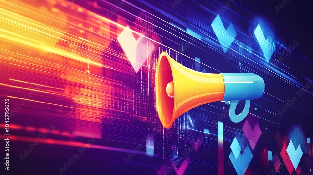Poster dynamic abstract digital growth chart with upward arrows and megaphone