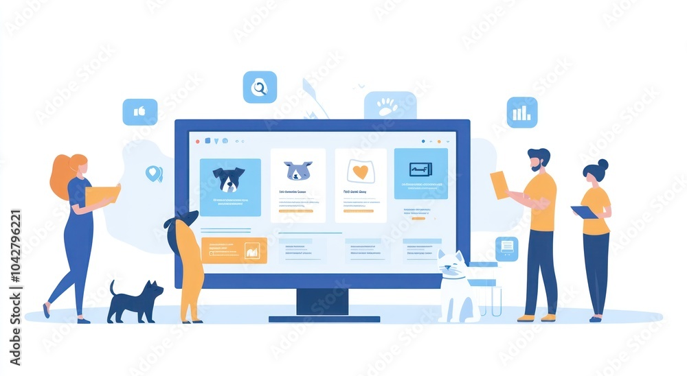 Poster illustration of people interacting with a computer screen displaying animal-related content.