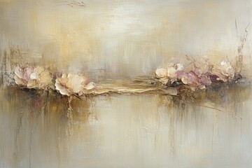 Abstract painting featuring delicate, pale flowers in shades of cream and pink against a textured, beige background.