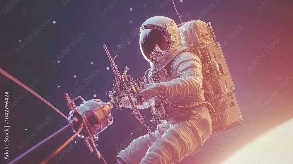 Poster an astronaut in a white spacesuit floating in space with a satellite.