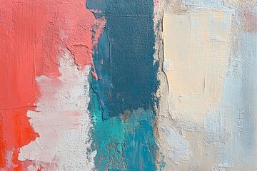Abstract art with textured brushstrokes in coral, teal, and cream.