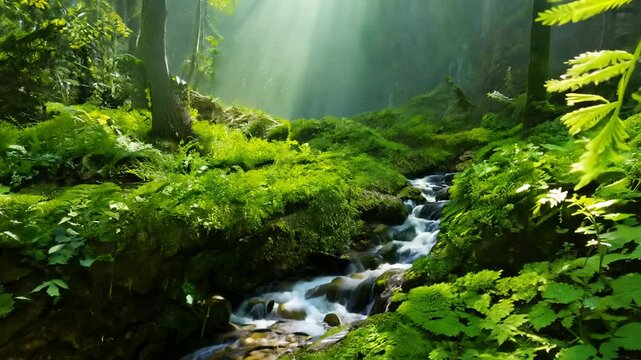 Camera pans around a lush green forest floor, ferns unfurling, sunlight filtering through the canopy, small stream trickling by