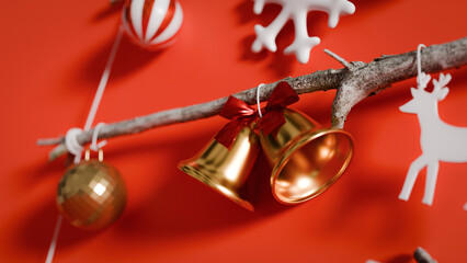 Various Christmas decorations hung on a red background.3d rendering
