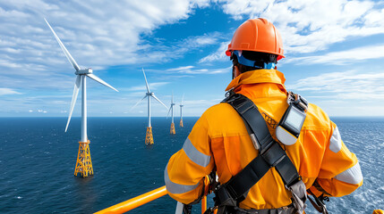 Worker conducting visual inspection of offshore wind turbines under clear skies ensuring efficiency and safety in renewable energy production