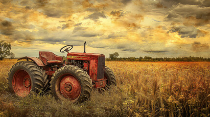 Obraz premium A charming image of a vintage tractor parked in a golden field, surrounded by the beauty of harvest time.