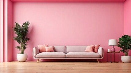 Minimalist Wall Mockup with Sunken Artwork - Pink Wall, Wood Floor, 3D Render