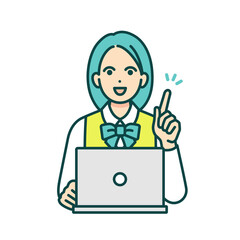 Fototapeta premium 指差しする女の子。学校でノートパソコンを使い学ぶ女子高生のベクター素材。