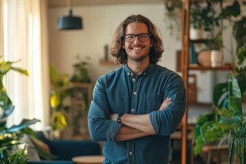 Fototapeta premium Smiling Man in Cozy Indoor Plants Setting