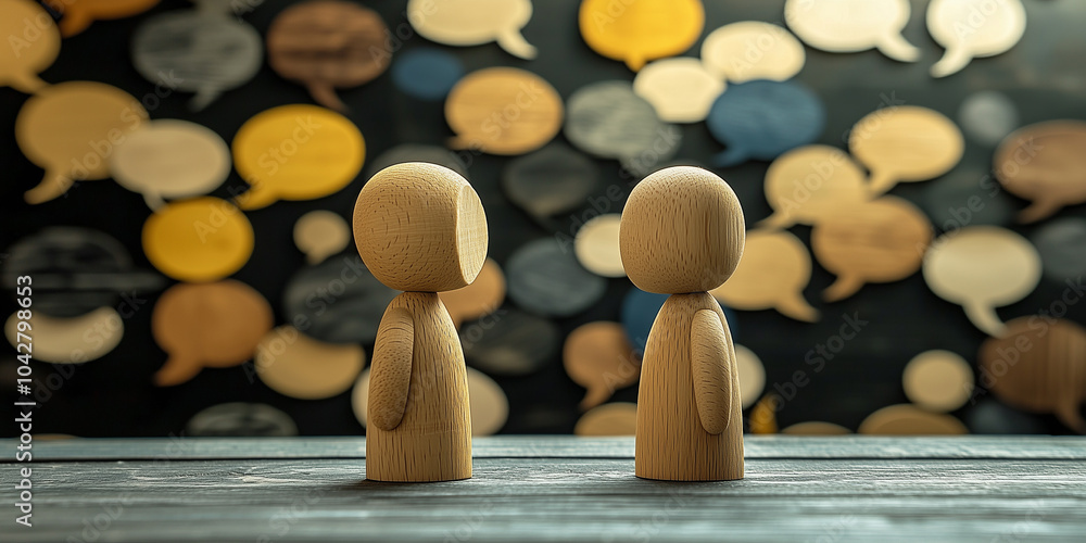 Poster two minimalist wooden figures stand in front of a backdrop filled with speech bubbles, symbolizing c
