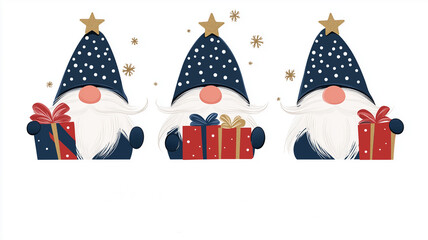 adorable Christmas gnomes. Their cheerful expressions and colorful hats will bring a smile to everyone's face. Perfect for greeting cards,