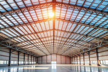 Interior view of a wide concrete roof letting in daylight through large windows