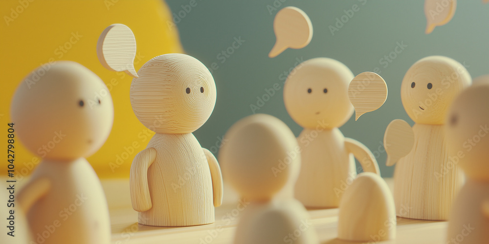 Poster a group of wooden figures engaged in conversation with speech bubbles emphasizes the importance of d