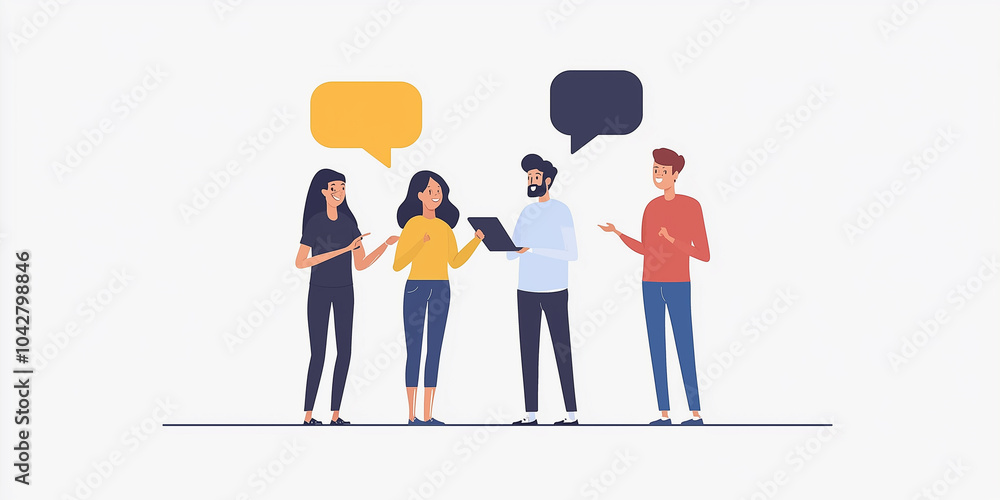 Poster four cartoon characters engage in a group discussion with speech bubbles, representing teamwork, com