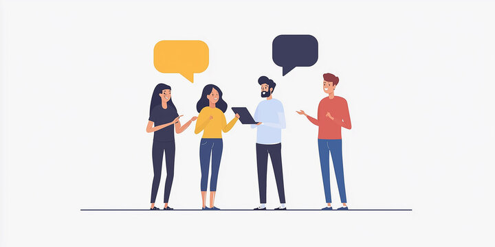 Four cartoon characters engage in a group discussion with speech bubbles, representing teamwork, communication, and collaboration in a playful and colorful illustration