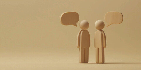 Two wooden figures stand in conversation with speech bubbles between them, symbolizing communication, interaction, and connection in a simple, minimalist, and abstract design