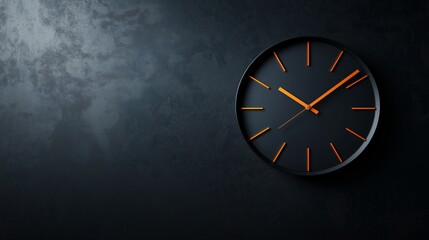 A sleek modern wall clock with orange hands against a dark textured background, conveying a sense of time and minimalism.