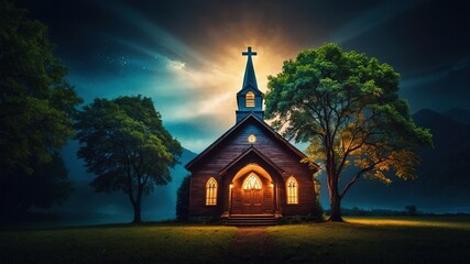 Fototapeta premium Night Church Logo Design with Bible Cross and Tree