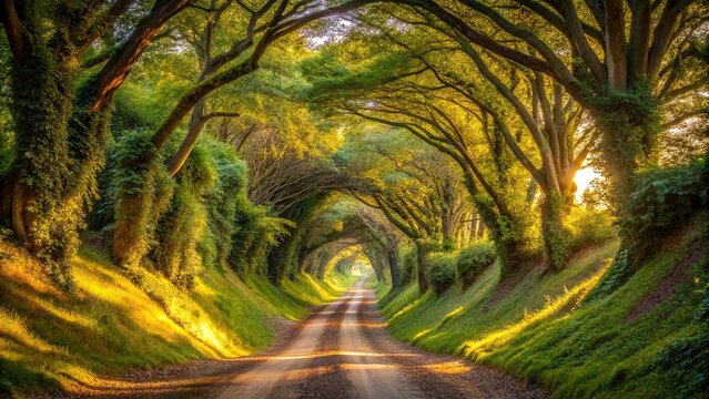 Enchanting tree tunnel with sunlight filtering through, aerial view of ancient road in West Sussex UK