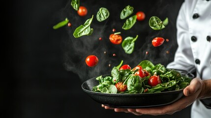 A chef presenting a vibrant salad with flying ingredients against a dark background.