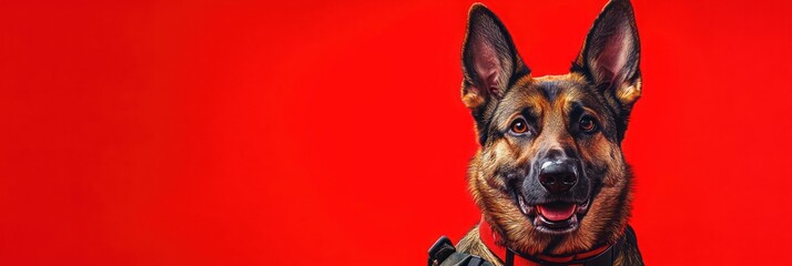 Obraz premium A cheerful German Shepherd dog against a vibrant red background.