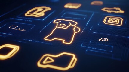 A digital interface featuring glowing icons, including a dog symbol, suggesting pet-related content.