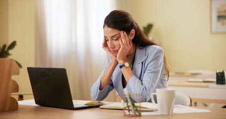 Business, tired and woman with laptop, headache and overworked with depression, anxiety and...