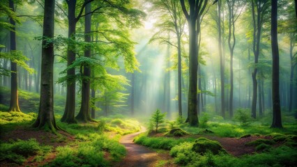 Fototapeta premium Enigmatic forest with misty ambiance in tranquil woodland setting