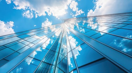 A modern skyscraper reflecting clouds and sky, showcasing architectural design and beauty.