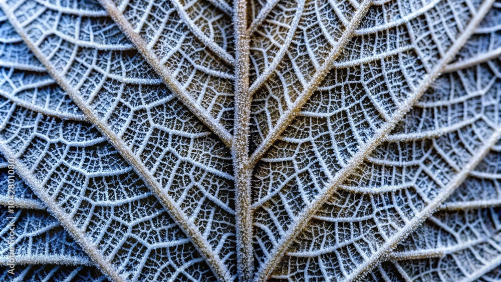Poster intricate frost patterns on a leaf in macro photography showcasing symmetrical designs