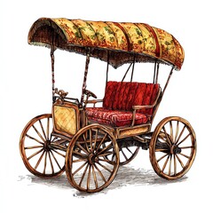Vintage horse-drawn carriage with ornate canopy and red upholstery on a white isolate background.
