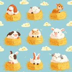 Fototapeta premium Cute Animals Sitting on Bales of Hay Pattern