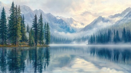 Obraz premium A serene mountain lake with fog rolling over the water and reflecting the snow-capped peaks.