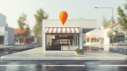 Modern small retail store with a geolocation pin marker in a quiet urban setting