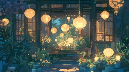 A serene garden at twilight, filled with glowing lanterns hanging from lush vines. The delicate anime-style artwork captures the calm and warmth of the evening.