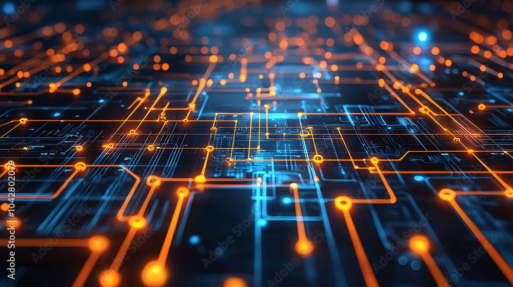 Aufkleber futuristic digital circuits with glowing orange and blue lines create mesmerizing network of technol