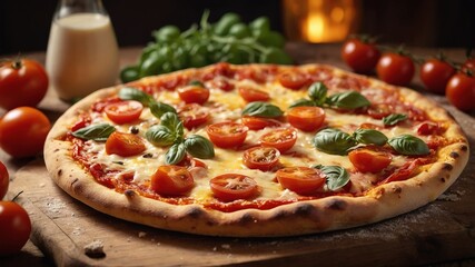 Rustic Pizza Delight: Melted Cheese and Tomatoes on Wooden Table