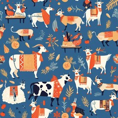 Playful Patterns of Cows and Goats in a Colorful Design