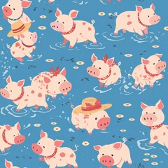 Chubby Piglets Splashing in Muddy Puddle Pattern