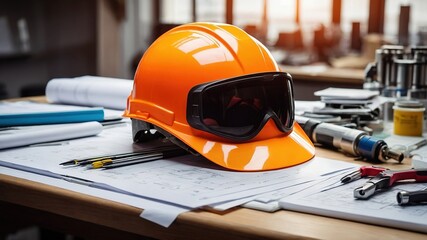 Fototapeta premium Safety First: Engineering Plans and Helmet on Organized Worktable