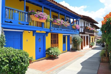 Obraz premium Colorful houses with vibrant flowers and a charming pathway in a picturesque setting.