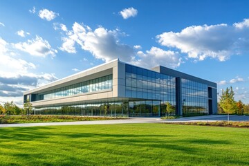 Obraz premium Modern Office Building with Glass Facade and Green Lawn