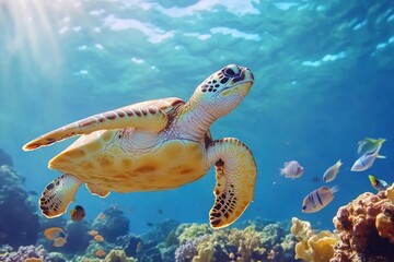 Fototapeta premium Graceful Sea Turtle Swimming in Vibrant Coral Reef