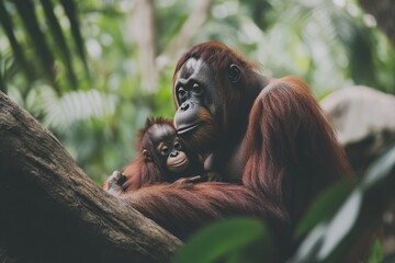 A serene moment between an adult orangutan and its baby in a lush, green environment.