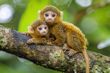 Obraz premium Two small monkeys sitting on a branch in a lush green environment.