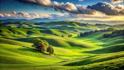 Obraz premium Expansive rolling hills with lush green grass in a serene landscape close-up