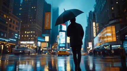 Fototapeta premium Rainy Night in the City Silhouette of Person with Umbrella Walking Under Neon Signs